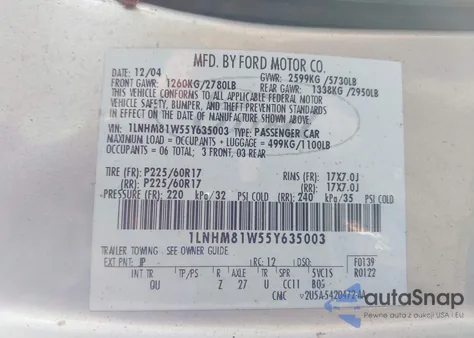 2005 Lincoln Town Car Signature из США, поврежденный, VIN 1LNHM81W55Y635003